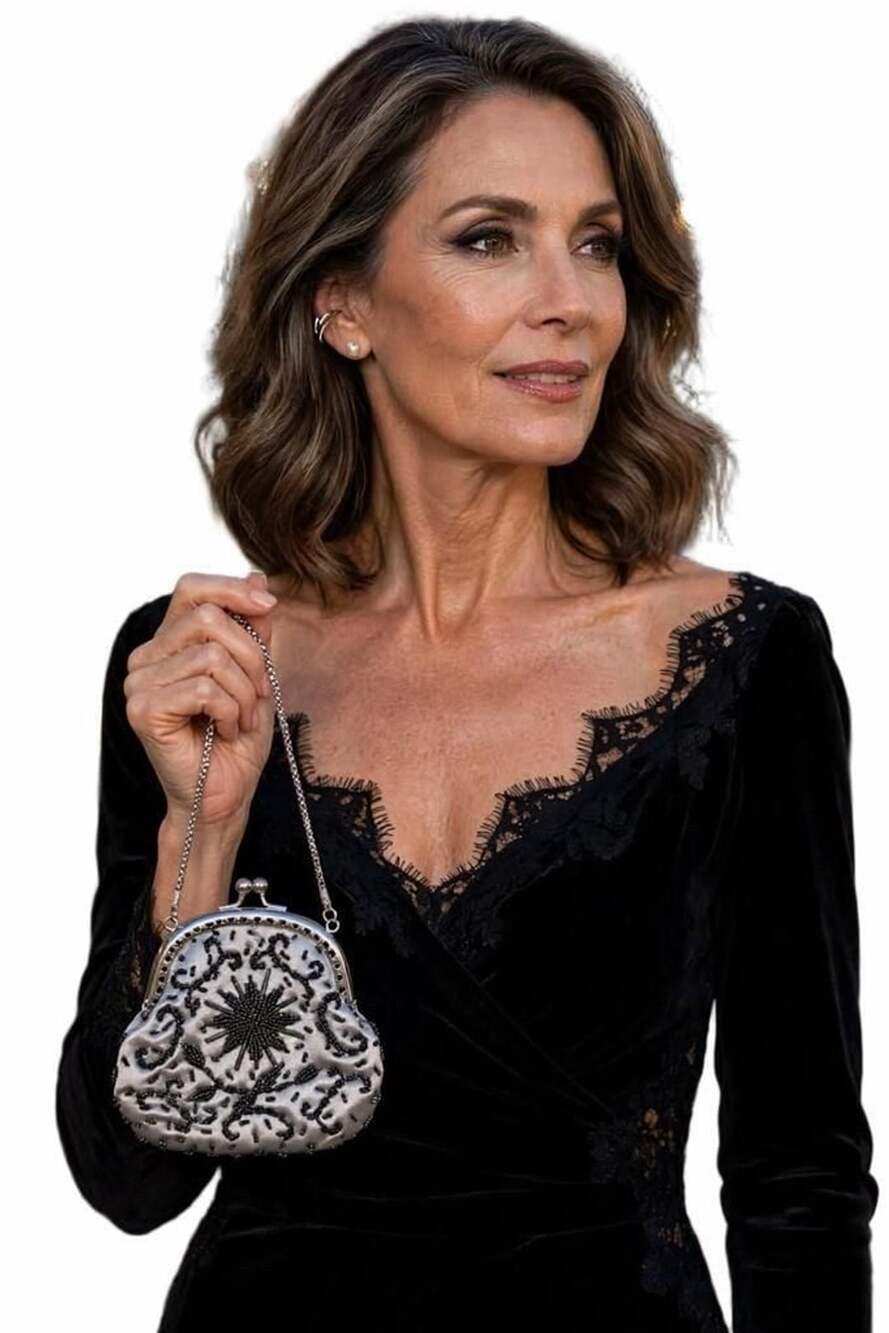 Vintage Walborg Silver Satin Black Beaded Evening Bag -